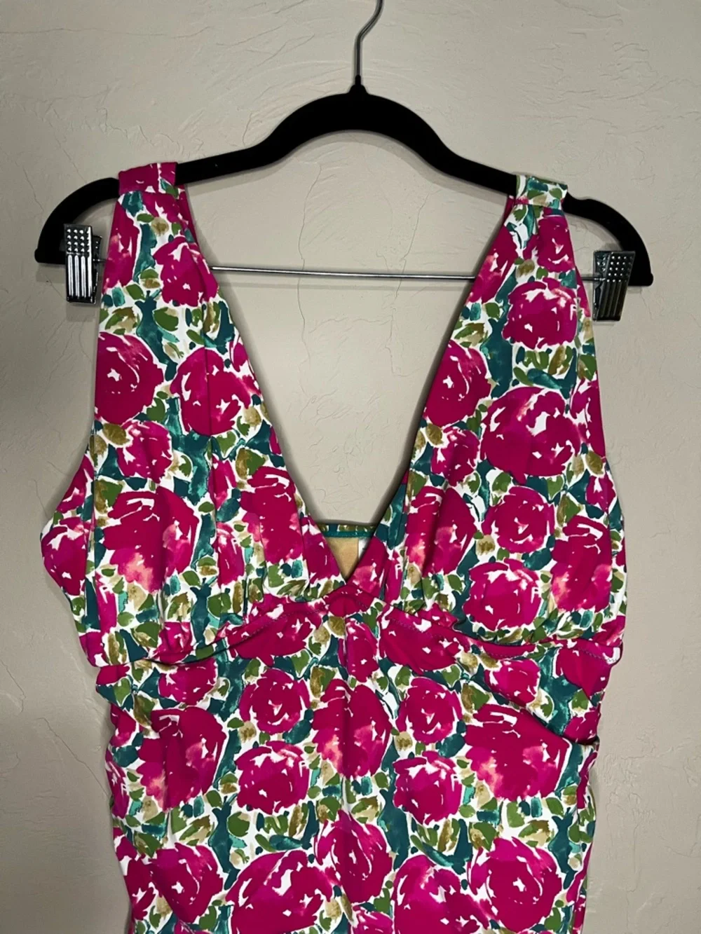 Garnet Hill Pink Rose Floral Deep V Neck One Piece Modest Dress Swimsuit - Picture 3 of 11